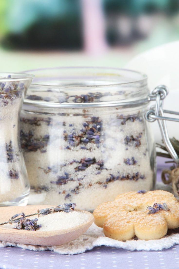 Lavender Sugar with fresh lavender and shortbread cookies on a napkin