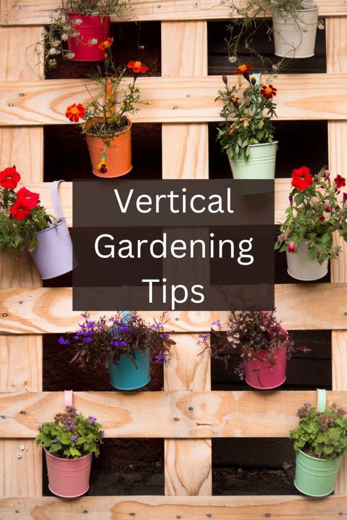 vertical garden of wood pallet and flower pots with text overlay 'Vertical Gardening TIps'