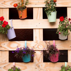 vertical garden flowers in pots on wooden pallet