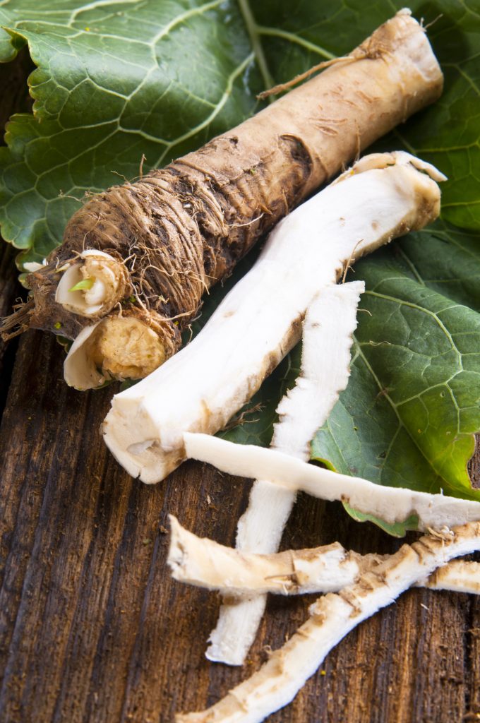fresh horseradish and leaves on a wood surface
