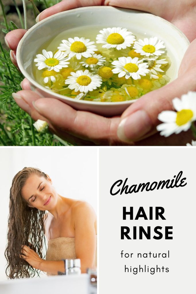 Fresh chamomile in a bowl of water and woman drying wet hair with text overlay 'Chamomile hair rinse for natural highlights'